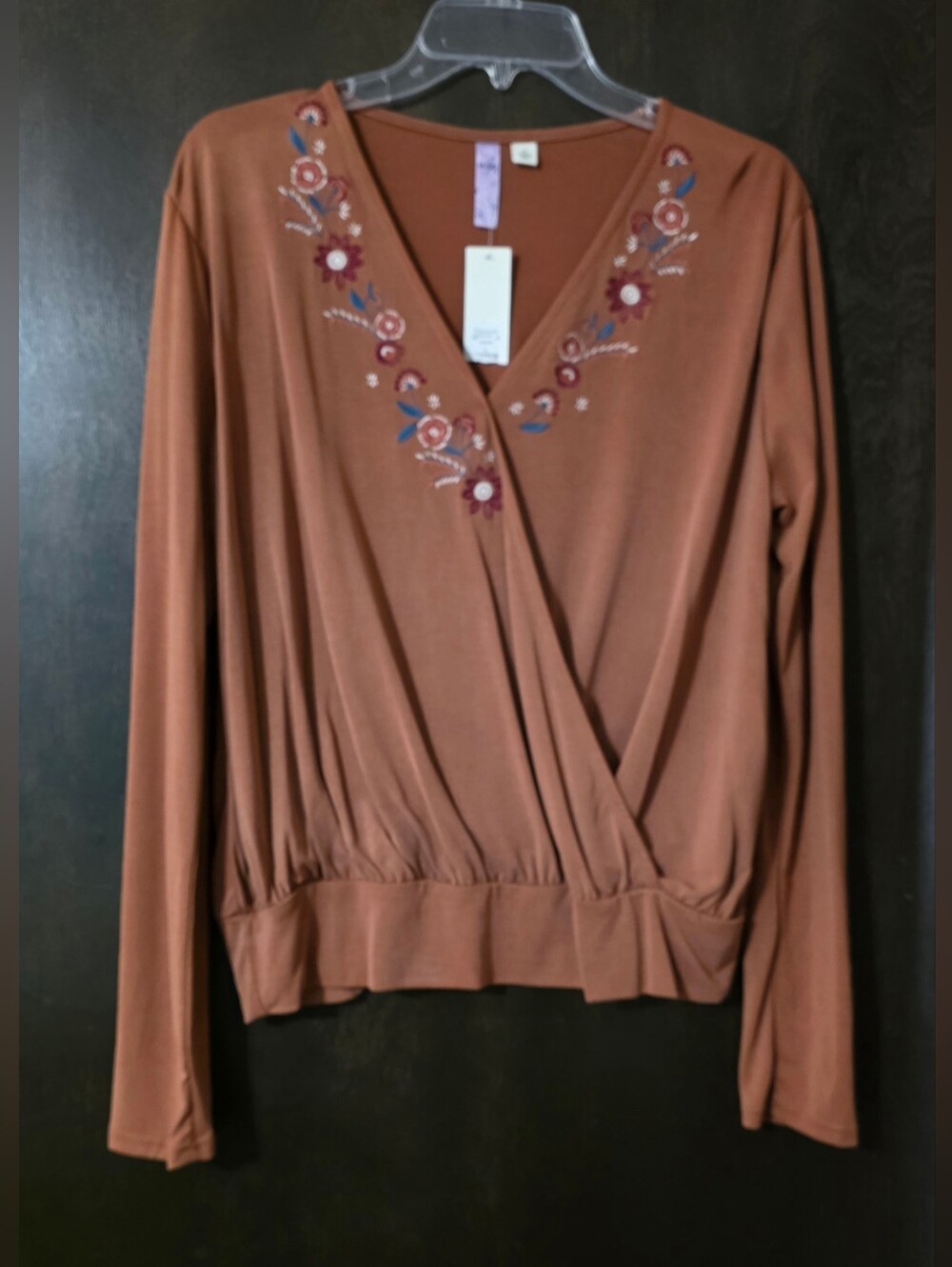 Alya By Francesca's Women's Embroidered Long Sleeve Wrap-Front Top in Rust Sz L